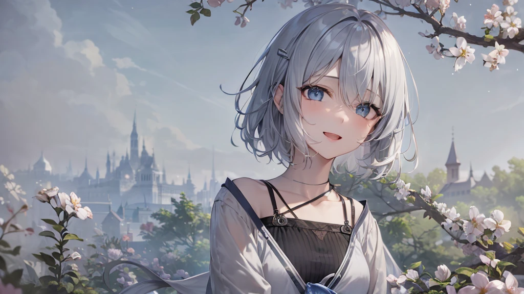 Her eyes were shining、Mysterious and enchanting atmosphere。With AI Painting、とてもShort Hair, Long bangs between the eyes, Grey Eyes , Very detailed,(masterpiece、Highest quality)、alone、Gray Hair、Fantasy, Silver Hair, Beautiful Eyes,Ecstasy, charm, attract the audience, Fantasyな風景、White shirt、smile、Open your mouth、Scarf、short hair、Short Hair、hairpin、Dark Eyes