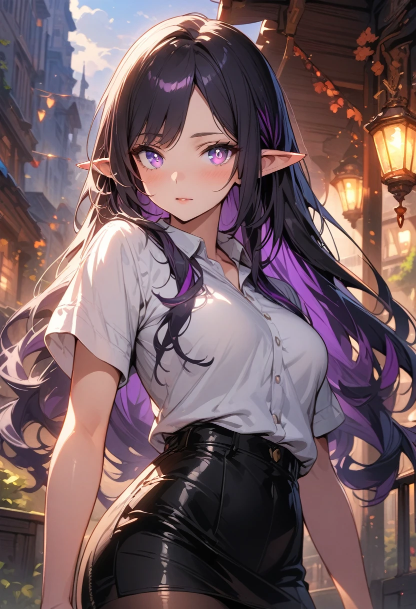 ((highest quality, masterpiece, ultra high definition, high resolution)), ((ultra-detailed illustrations:1.2)), 1 girl, solo, anime style, beautiful hair, parted bangs, loose hair, long hair, black hair, dark purple hair, multi colored hair, beautiful detailed eyes, beautiful detailed pupils, violet eyes, looking at viewer, pointed ears, mid-chest, white shirt, collared shirt, short sleeves, black mini skirt, pantyhose, shiny skin, shiny, outdoor, park