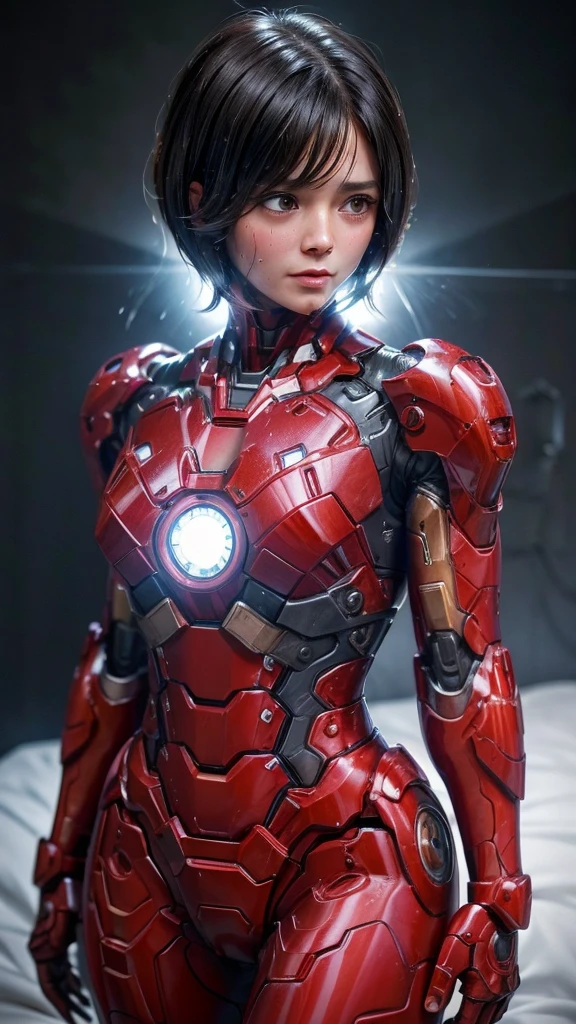 Highest quality 8k Red Iron Man Suit Girl Middle-aged women Sweaty face cute short hair boyish Steam coming out of my head My hair is wet with sweat The feel of black hair Full body portrait My upper body is soaked I can see the vagina Lying in bed