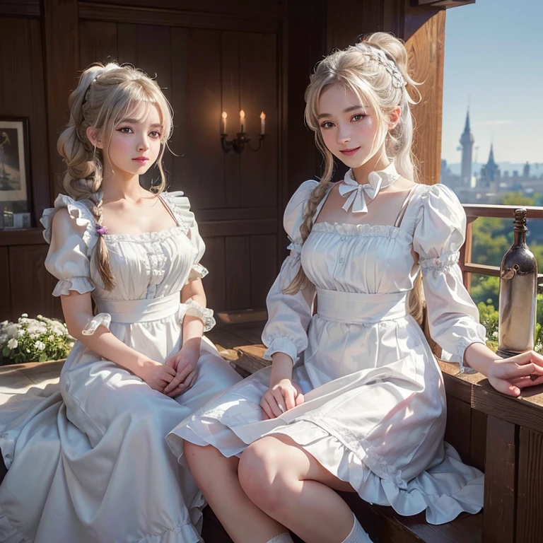 Medieval Europe、 Windy weather, ((Highest quality、masterpiece、8k、Best image quality、Ultra-high resolution、Award-winning works)、(Accurate anatomy:1.1)、(Look at me and smile:1.1)、Shining fair skin with Ultra-high resolution、The most detailed face、Ultra-high resolution detailed face、short, Flowing white hair 、Beautiful face drawn in every detail,British maid, Frills付きメイドヘッドバンド, ponytail, Braided hair, Frillsブラウス, Ribbon tie, apron, Long skirt, Puff sleeves, White silk ankle socks,Frills, Modest chest , A real cat next to a girl