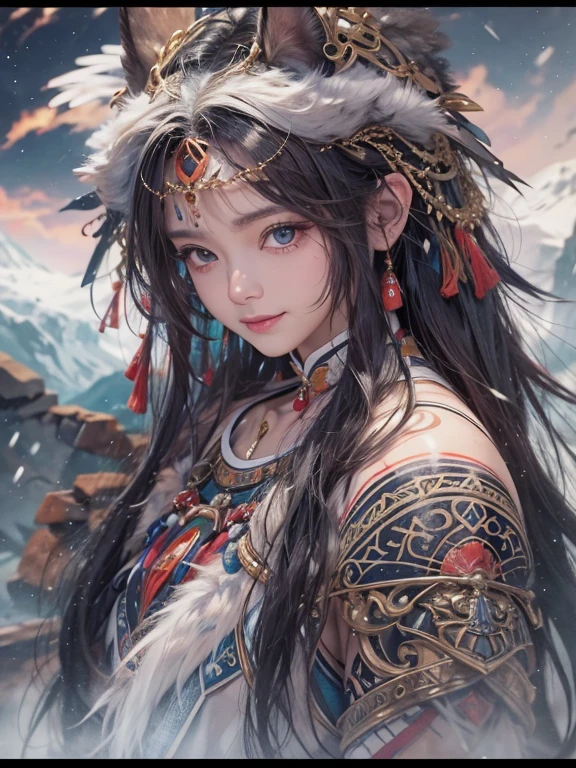 Hiding in the snowy mountains、Hair flow、 ((Highest quality、masterpiece、8k、Best image quality、Ultra-high resolution、Award-winning works)、(Accurate anatomy:1.1)、(Look at me and smile:1.1)、Shining fair skin with Ultra-high resolution、The most detailed face、Ultra-high resolution detailed face、Ultra-high resolutionの髪の毛、(Ultra-high resolutionの煌めく瞳:1.1)、Beautiful face drawn in every detail、(Blurred Background:1.1)、Ancient Inuit clothing, Chest to chest, tattoo, Old ruins in the background、He is huge, A real hawk on his shoulder..