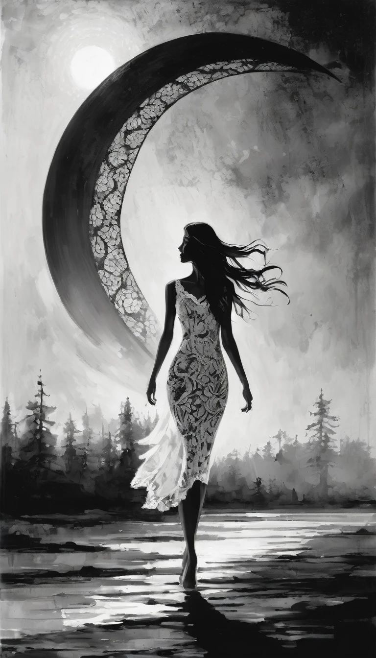 Sexy Girl and Crescent, Night, Lace Dress Black and White Picture, Dress Train Flies By Image (Art Inspired by Bill Sienkiewicz, Oil Painting)