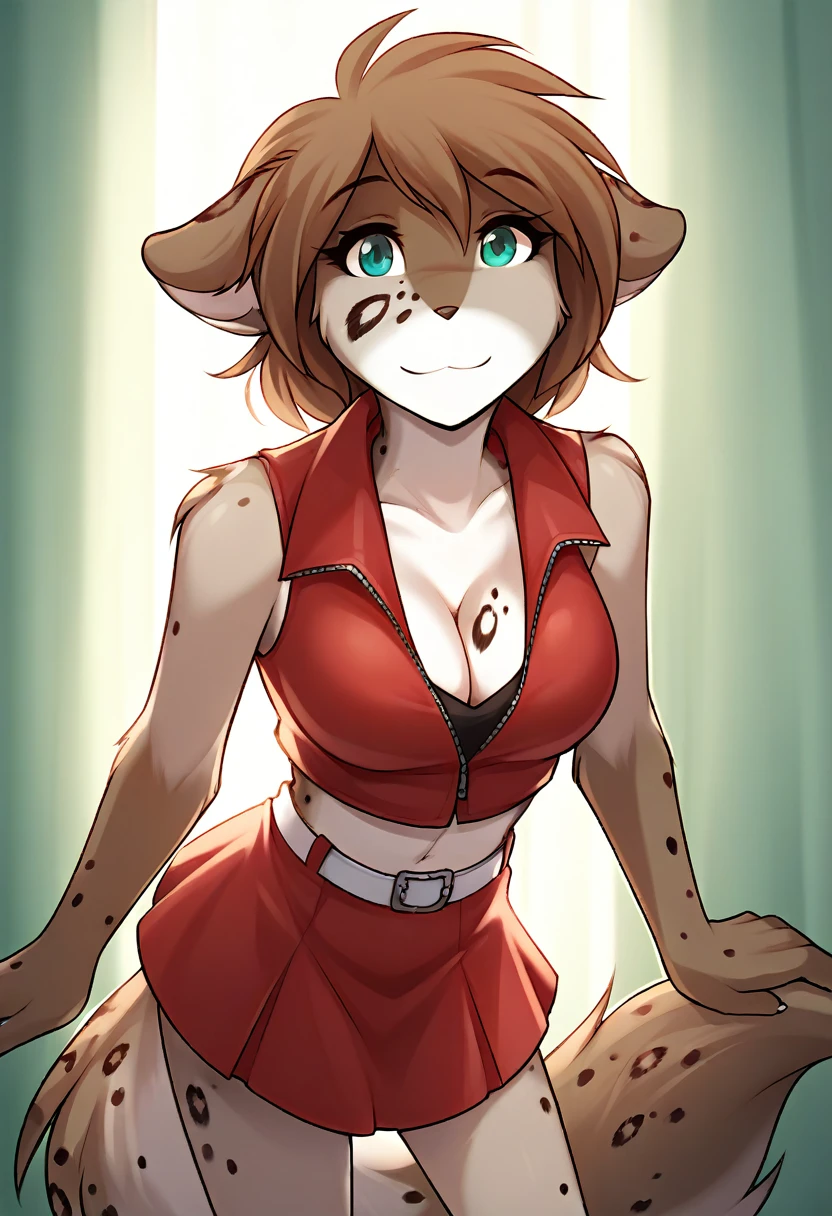 score_9, score_8_up, score_7_up, score_6_up, score_5_up, score_4_up, rating_explicit, source_furry, female, cute anthro female, cute face, detailed background, looking at viewer, solo, solo focus, (digital pen line-art, soft lines, soft shading, pinup, cartoon, anime:1.2), tkkathrin, keidran, mammal, spotted fur, teal eyes, anthro, MEIKO, short red sleeveless jacket with a black undershirt, midriff, cleavage, busty, stage, small red skirt held with a white belt, skin-tight shorts