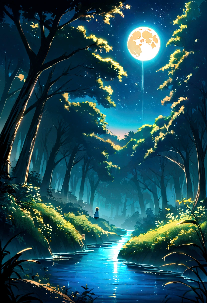 There is a stream flowing in the forest.、Looking up and the tree々You can see the starry sky from between。The water is clean。The big full moon is also shining。
