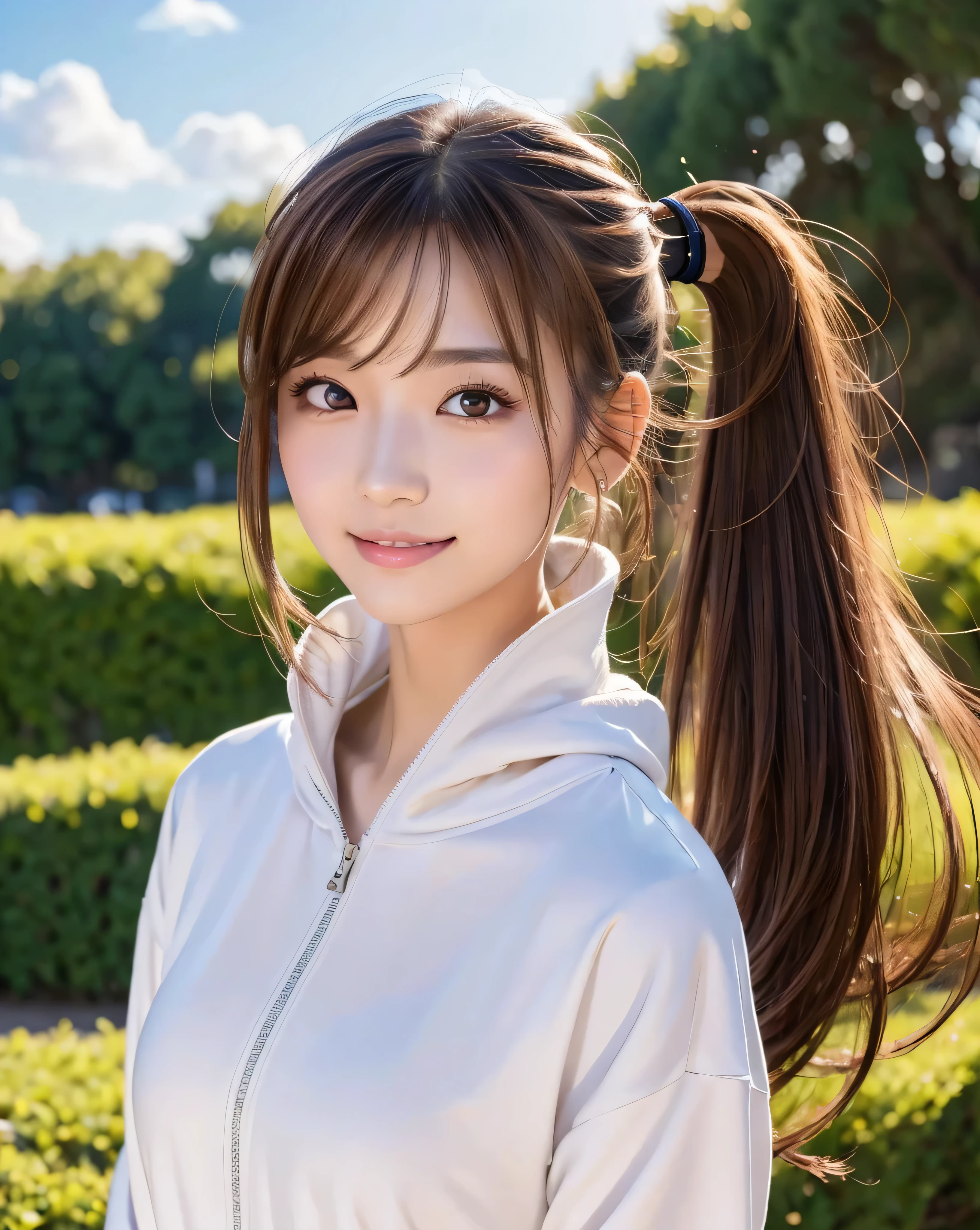 (Highest quality, 32k, High resolution, Masterpiece:1.5, ), marimo_jet, god々A photograph with brilliant dazzling and healing power., Evoking a sense of calm and elusive beauty, Expressing emotions, Have a rich imagination, A narrow rural road stretching to the horizon, Nostalgic scenery of youth, Beautiful Japanese Girls, An exceptionally beautiful face, Small Face Beauty, Perfect Human Anatomy, Magical big eyes, Motherhood and generosity, Deep Love, fleeting smile, ((Shiny brown hair:1.1)), ((A beautiful ponytail swaying in the wind)), Asymmetrical bangs, Hair between the eyes, Transparent, soft white skin, Sharp eyebrows, Thin lashes, Natural Makeup, Cheek highlighter, Pale pink detailed lips, (White zip hoodie), Slim figure with ample breasts, High resolutionの美しい太もも, Beautifully detailed skies, Professional Lighting, Professional photographer, Professional models, God's Secret