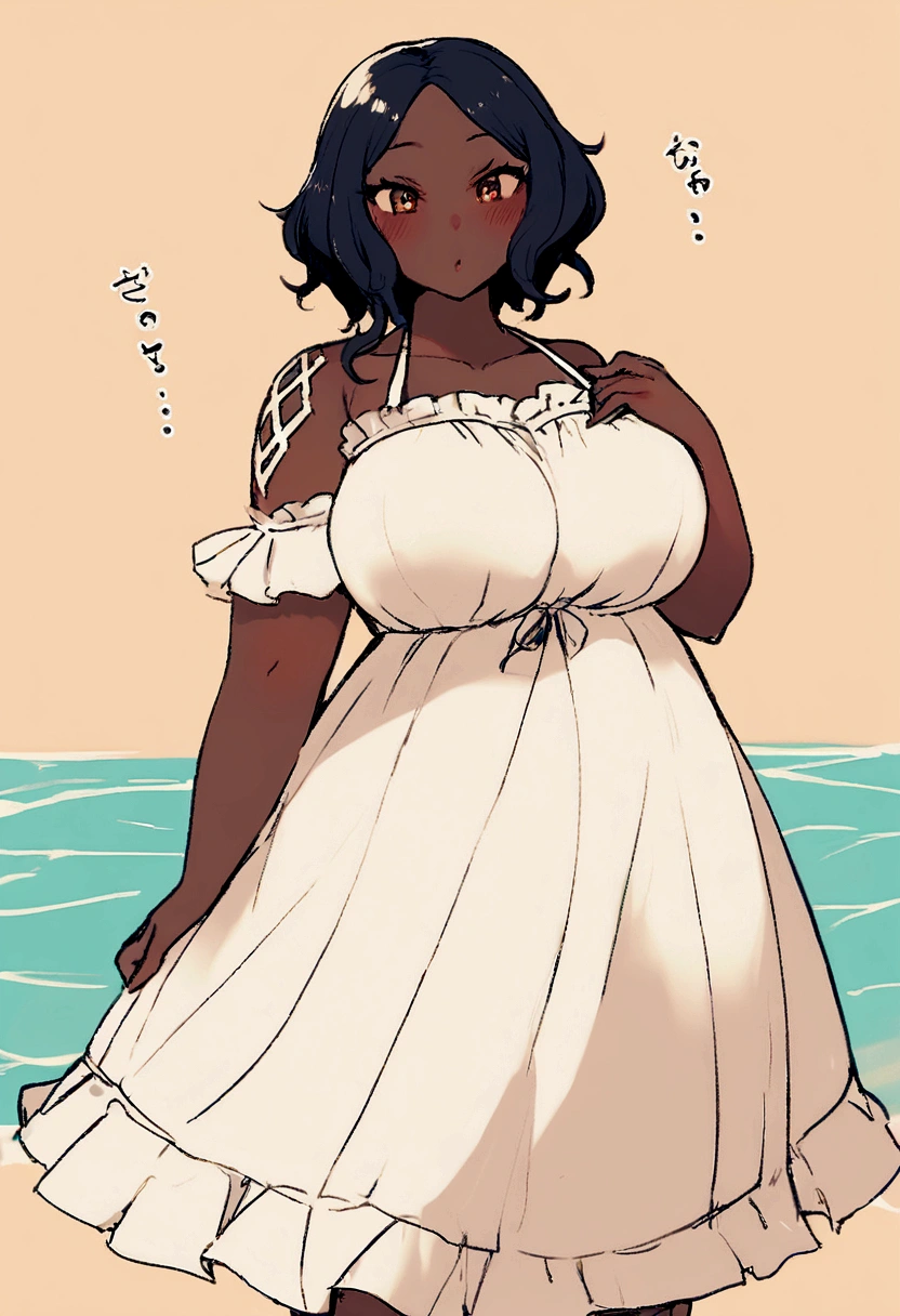melanin, Une femme, [clivage|curved|gros cul], wear a dress in summer