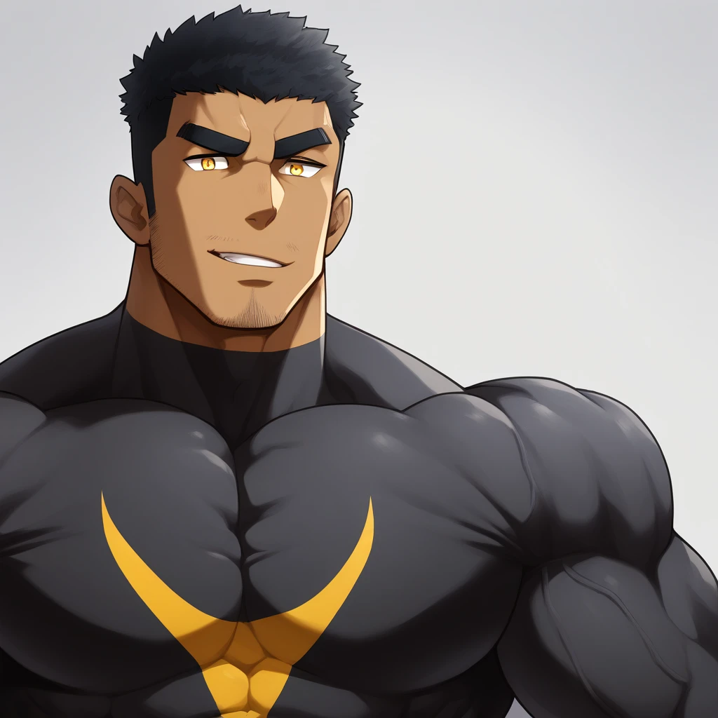 negro, negro, negro, anime characters:Gyee, Muscle Sports Student, negro black skin, 1 muscular tough guy, Manliness, male focus, Dark grey and Yellow long sleeve tights, Very tight, The pectoral muscles are oversized, Slightly transparent, muscular male, muscular, only, Upper body, alone, Black short hair, Thick eyebrows, stubble, Yellow eyes, White background, simple background, amazing quality, best aesthetics, Ridiculous, bright pupils, crew cut, parted lips, seductive smile, torogao, naughty face, drop shadow, best quality