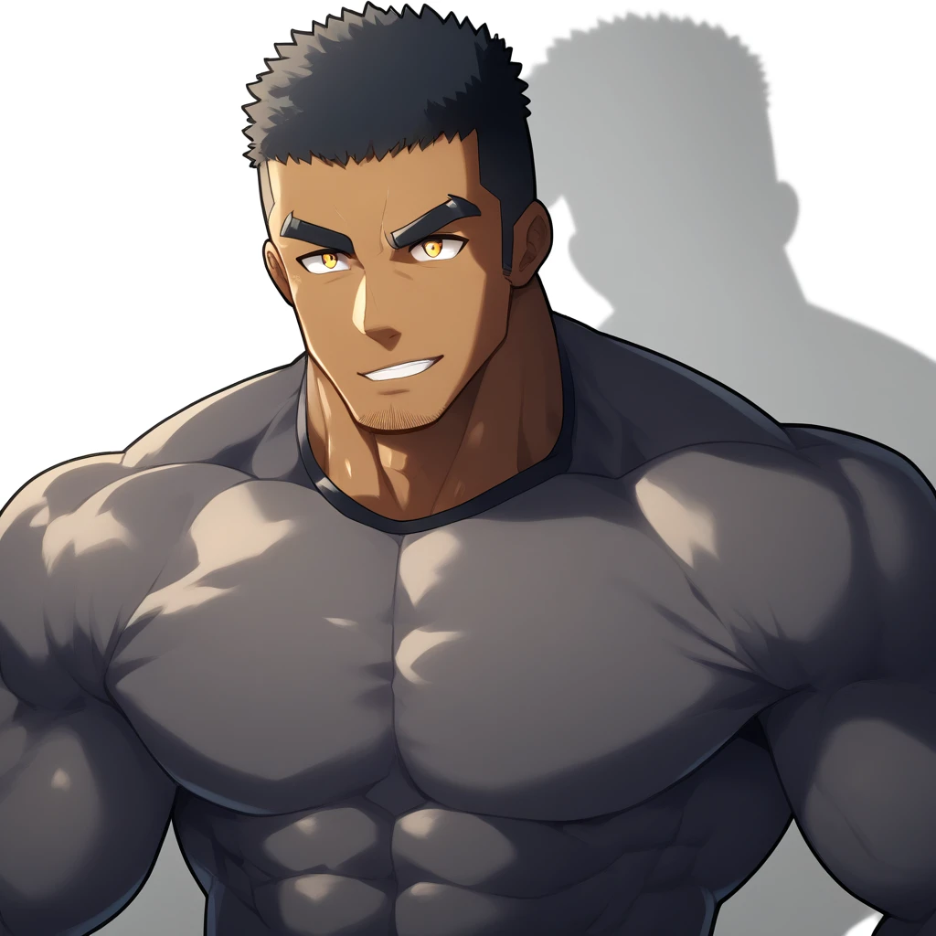 negro, negro, negro, anime characters：Gyee, Muscle Sports Student, negro black skin, 1 muscular tough guy, Manliness, male focus, Dark grey and Yellow long sleeve tights, Very tight, The pectoral muscles are oversized, Slightly transparent, muscular male, muscular, only, Upper body, alone, Black short hair, Thick eyebrows, stubble, Yellow eyes, White background, simple background, amazing quality, best aesthetics, Ridiculous, bright pupils, crew cut, parted lips, seductive smile, torogao, naughty face, drop shadow, best quality