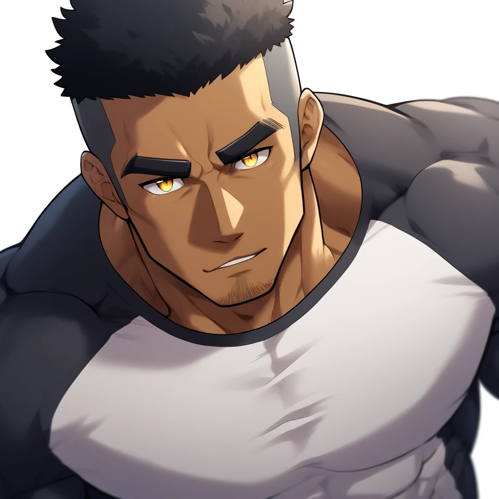negro, negro, negro, anime characters:Gyee, Muscle Sports Student, negro black skin, 1 muscular tough guy, Manliness, male focus, Dark grey and Yellow long sleeve tights, Very tight, The pectoral muscles are oversized, Slightly transparent, muscular male, muscular, only, Upper body, alone, Black short hair, Thick eyebrows, stubble, Yellow eyes, White background, simple background, amazing quality, best aesthetics, Ridiculous, bright pupils, crew cut, parted lips, seductive smile, torogao, naughty face, drop shadow, best quality