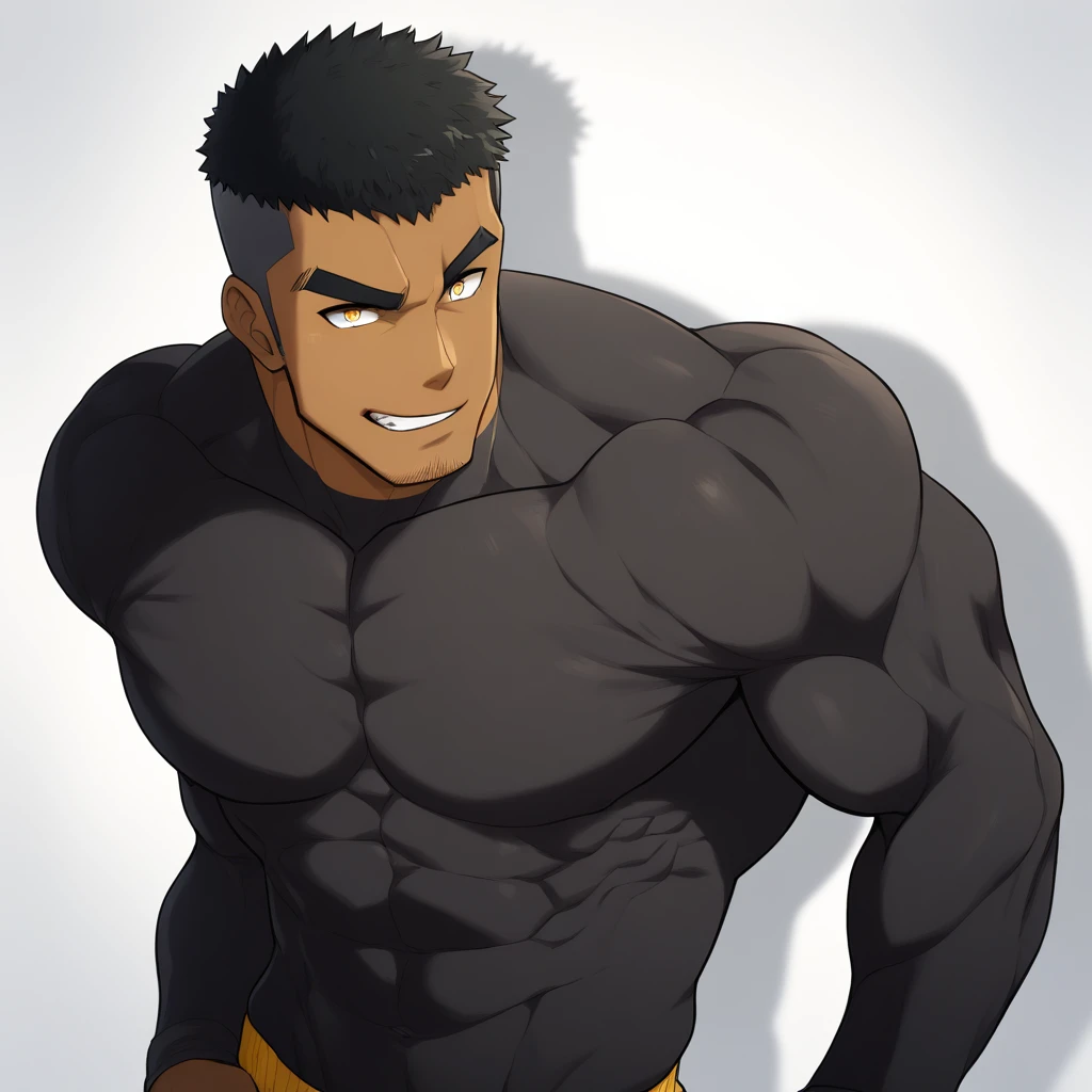 anime characters:Black man, Fitness coach, Dark black skin tone, His skin is pitch black., 1 muscular tough guy, Manliness, male focus, Cream Lycra T-shirt, Very tight, The pectoral muscles are oversized, Slightly transparent, muscular male, muscular, only, Upper body, alone, White short hair, Thick eyebrows, stubble, Yellow eyes, Grey background, simple background, amazing quality, best aesthetics, Ridiculous, bright pupils, crew cut, parted lips, seductive smile, torogao, naughty face, drop shadow, best quality