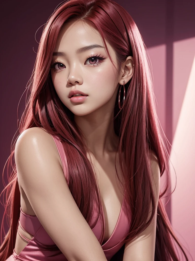 make a banner of a woman with: glowing skin, lips, sacimaer detailed skin, Beautiful face and detailed pink eyes, Spotlight, professional lighting, 1 girl, Alone, long hair, wearing a cute outfit, natural pose, lips, indoor, realistic, I want the whole image be created, face and body of blackpink's Jennie kim with red hair and in four places with different poses doing random things on a background of some rosy place It can be a completely pink background like a wall a clean background without shadows or objects