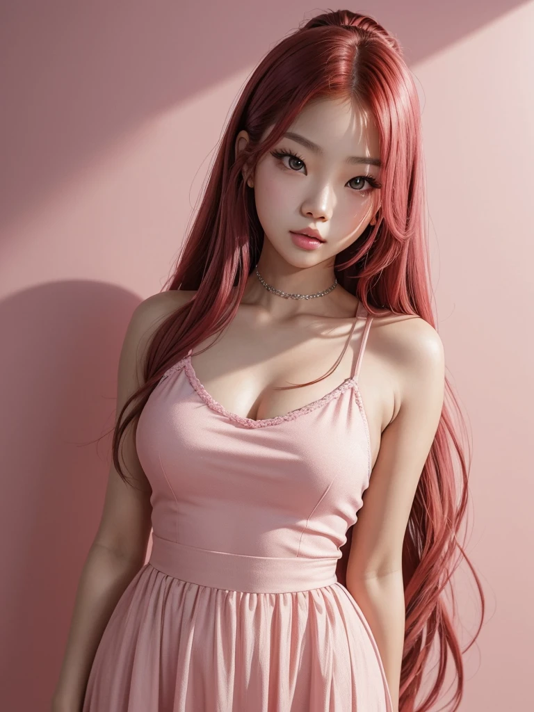 make a banner of a woman with: glowing skin, lips, sacimaer detailed skin, Beautiful face and detailed pink eyes, Spotlight, professional lighting, 1 girl, Alone, long hair, wearing a cute outfit, natural pose, lips, indoor, realistic, I want the whole image be created, face and body of blackpink's Jennie kim with red hair and in four places with different poses doing random things on a background of some rosy place It can be a completely pink background like a wall a clean background without shadows or objects