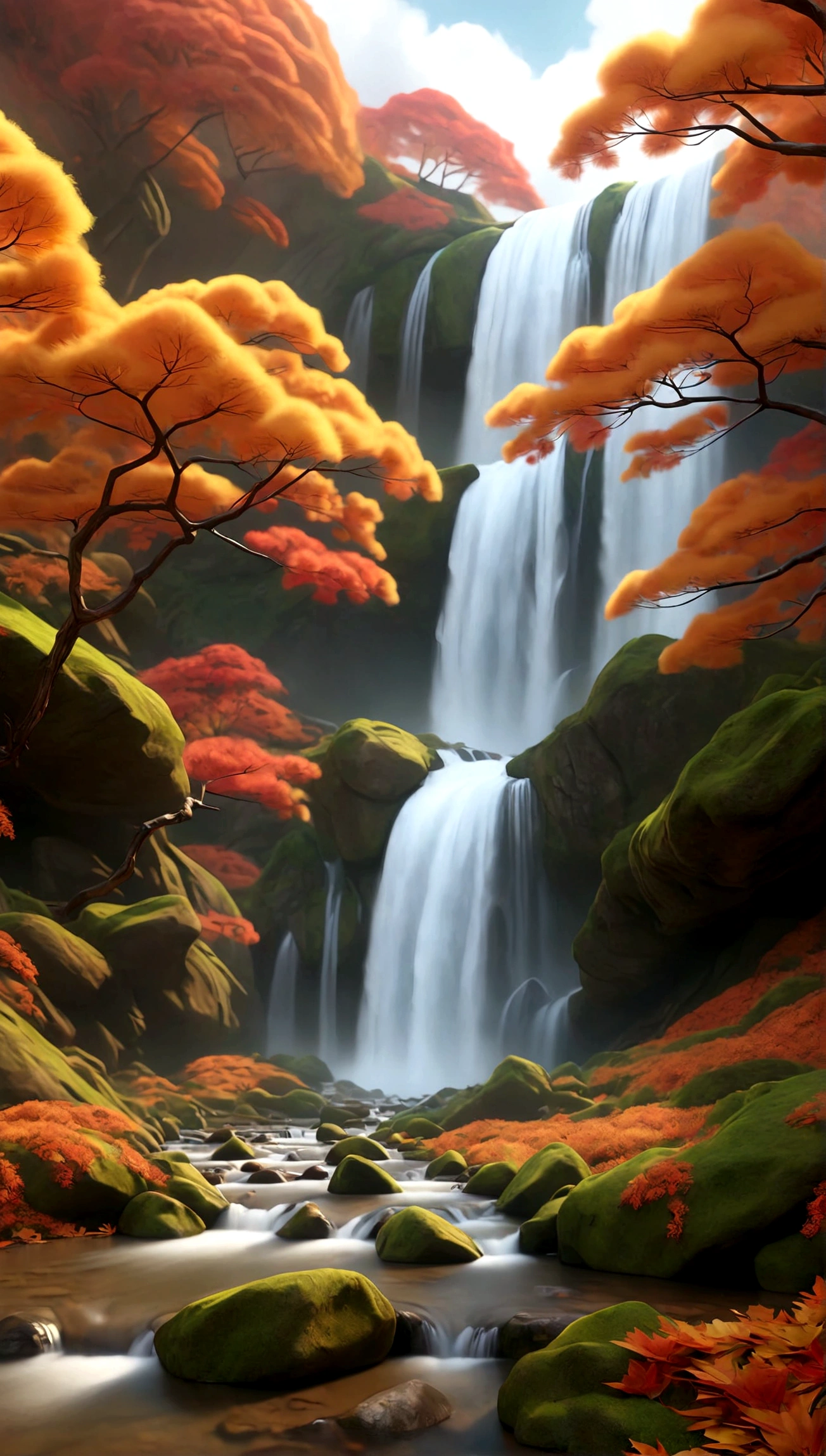 Chinese style,Ultra-wide field of view,Beautiful autumn scenery,Mountain Spring,Waterfall,clouds,autumn leaves,Fallen leaves are scattered all over the ground,OC Rendering,high quality,8k,Ultra-fine,Surreal,Ultra-photorealism,35mm Camera Lens,Super detailed
