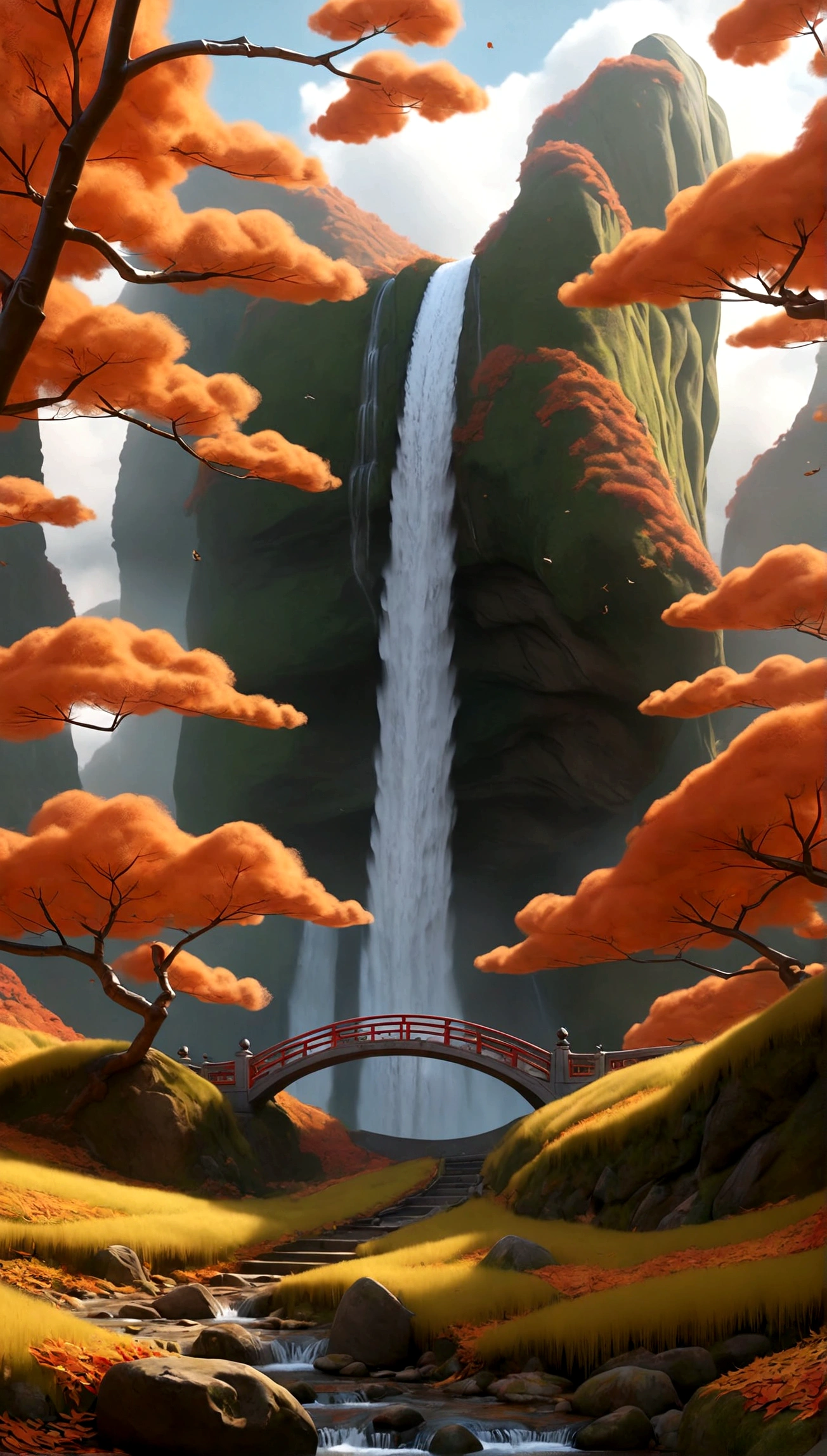 Chinese style,Ultra-wide field of view,Beautiful autumn scenery,Mountain Spring,Waterfall,clouds,autumn leaves,Fallen leaves are scattered all over the ground,OC Rendering,high quality,8k,Ultra-fine,Surreal,Ultra-photorealism,35mm Camera Lens,Super detailed