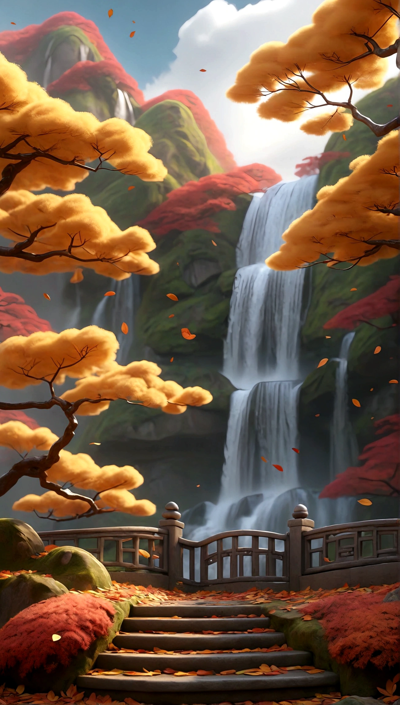 Chinese style，Ultra-wide field of view，Beautiful autumn scenery，Mountain Spring，Waterfall，clouds，autumn leaves，Fallen leaves are scattered all over the ground，OC Rendering，high quality，8k，Ultra-fine，Surreal，Ultra-photorealism，35mm Camera Lens，Super detailed