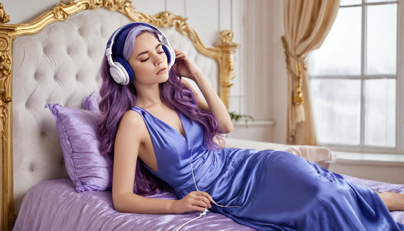 8k, digital image, hdr, sitting in the bedroom, lilac bedroom, windows, a beautiful woman, 25 years old, sitting on the bed sideways, beautiful, eyes closed, long purple hair, with bleutoth headphones, blue silk dress, headphones by ear, ivory column with gold