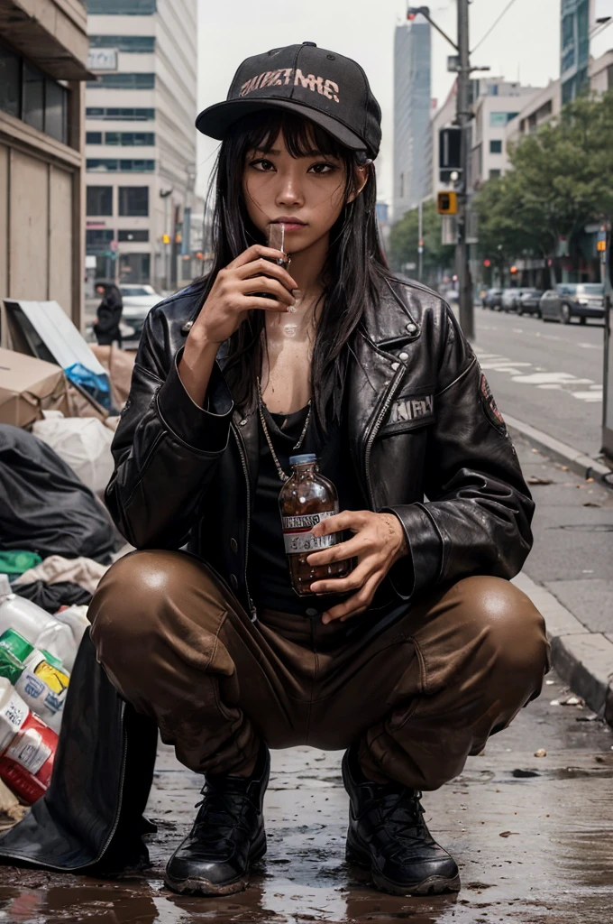 (((Brown glass medicine bottle,He was drinking something suspicious))),With bangs,Beautiful black hair,ストレートミディアムボブカットのHomeless韓国人女性,squat,A 21-year-old Korean woman surrounded by piles of garbage,(((No hat))),Aspacarina,((Very displeased look)),(((Homeless))),((( Bad smell,Oil,Mud stains,Fucking,dirty))),(((Frowning,Glaring at the camera))),Very beautiful eyes, Flat Chest,(((Wearing a tattered black coat))),(((Tragic))),(make:1.4),Big eyes,Frowningを寄せた表情,Hip Hop Dancer,Gangster style long pants,Wear Edge 90HH_clothing,8k,High resolution,Gangster style