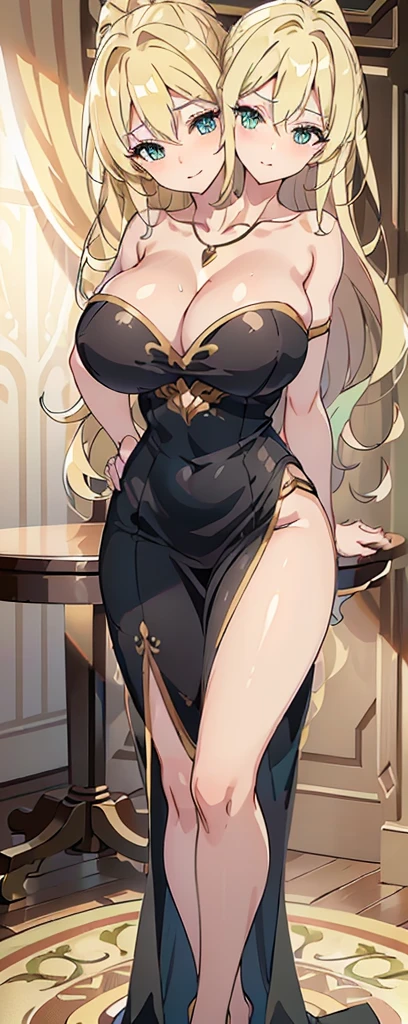 best quality, (masterpiece),(ultra-detailed), (high quality), (high resolution), ((3heads:1.5)), best quality:1.5, highres, UHD, 16K), smiling, highres, masterpiece, ((golden blonde hair)), cleavage, ((black dress)), lustrous and smooth skin, , (mature woman), seductive silhouette, ((slim hips)), casual dress, sexy proportions, Beautiful girl with accentuated slender abs, long legs, seductive woman, background, necklace, body con dress, strapless, sleeveless, blue green eyes, long hair, ponytail