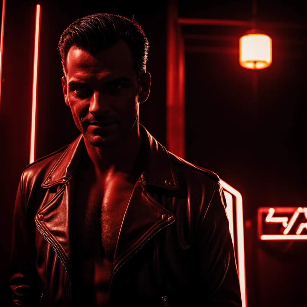 A serial killer with a sinister smile, 1980s nightclub in Brazil, neon lighting, blood-red color palette, dark shadows, ominous atmosphere, gripping tension, high contrast, chiaroscuro lighting, intense gaze, leather jacket, slicked-back hair, menacing presence, photo-realistic, 8k, masterpiece, cinematic, dramatic lighting