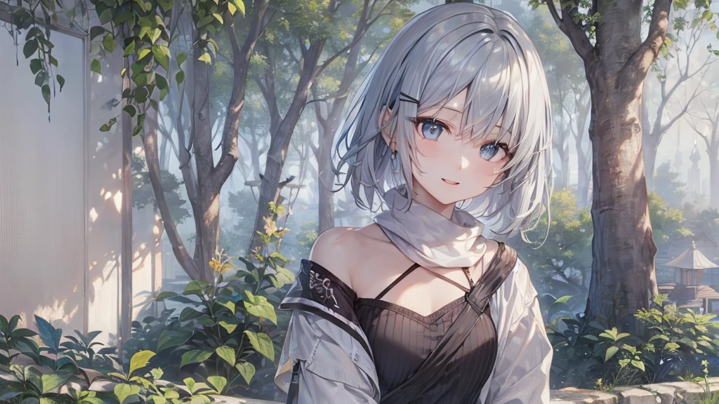 Her eyes were shining、Mysterious and enchanting atmosphere。With AI Painting、とてもShort Hair, Long bangs between the eyes, Grey Eyes , Very detailed,(masterpiece、Highest quality)、alone、Gray Hair、Fantasy, Silver Hair, Beautiful Eyes,Ecstasy, charm, attract the audience, Fantasyな風景、White shirt、smile、Open your mouth、Scarf、short hair、Short Hair、hairpin、Dark Eyes