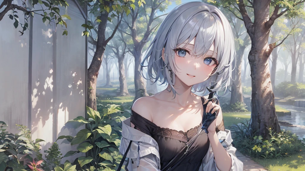 Her eyes were shining、Mysterious and enchanting atmosphere。With AI Painting、とてもShort Hair, Long bangs between the eyes, Grey Eyes , Very detailed,(masterpiece、Highest quality)、alone、Gray Hair、Fantasy, Silver Hair, Beautiful Eyes,Ecstasy, charm, attract the audience, Fantasyな風景、White shirt、smile、Open your mouth、Scarf、short hair、Short Hair、hairpin、Dark Eyes