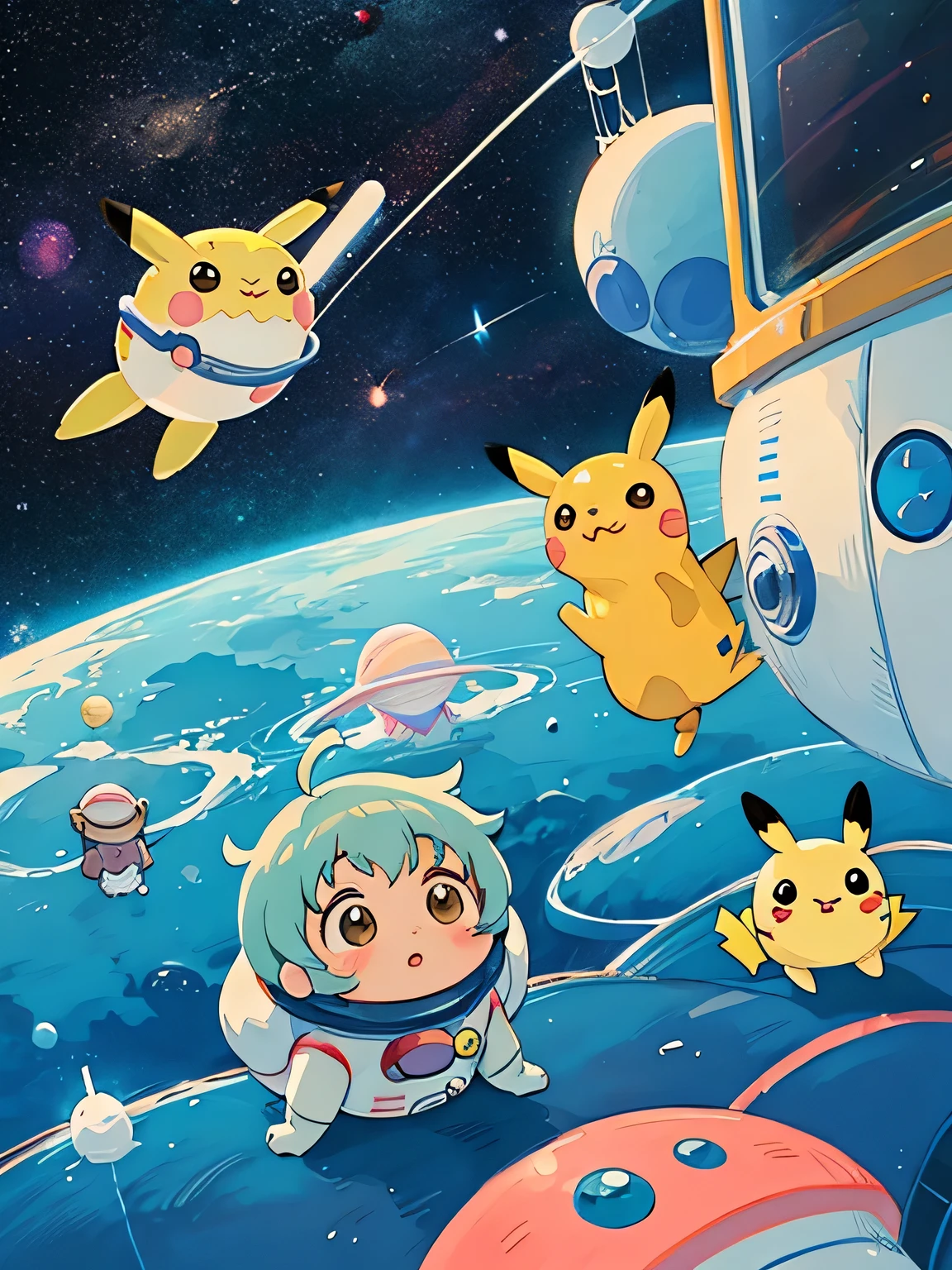 Hayao Miyazaki style、Kawaii Design, most beautiful girl ever、Chibi, (((Space Explorers)))、Spaceship, Pikachu, Totoro, Lunar Surface, Colorful and cute pillbugs