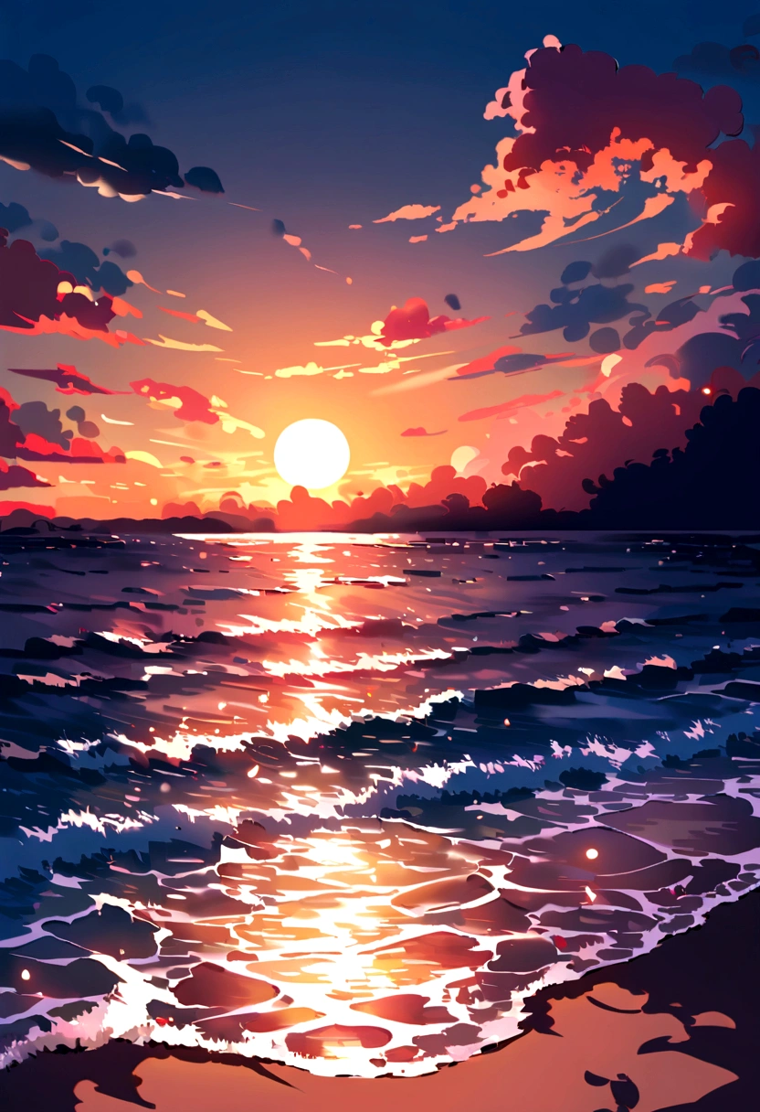 Imaginez une image d&#39;une plage au coucher du soleil. The sky is bathed in warm shades of orange and pink, Create beautiful color gradients. The ocean waves gently lick the sand, Reflecting the last rays of the sun. Des palmiers sebalancent doucement dans la brise, Adding tranquility to the scene. It is a peaceful painting that evokes a deep sense of serenity and natural beauty.。.