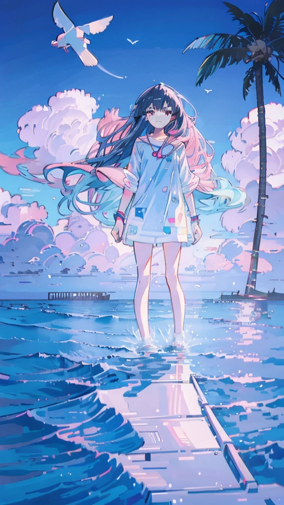 Seaside, Pink Sky, Palm tree, Blue Classic Car, Blue and pink neon,Lo-fi illustration, anime art wallpaper 4k, anime art wallpaper 4k,One Girl,Anime Style，Ocean，Oceanのビーチ，Coconut Tree，Seagull，Baiyun，A small island in the distance, Illustrator