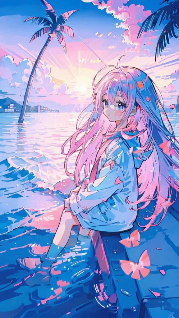 Seaside, Pink Sky, Palm tree, Blue Classic Car, Blue and pink neon,Lo-fi illustration, anime art wallpaper 4k, anime art wallpaper 4k,One Girl,Anime Style，Ocean，Oceanのビーチ，Coconut Tree，Seagull，Baiyun，A small island in the distance, Illustrator