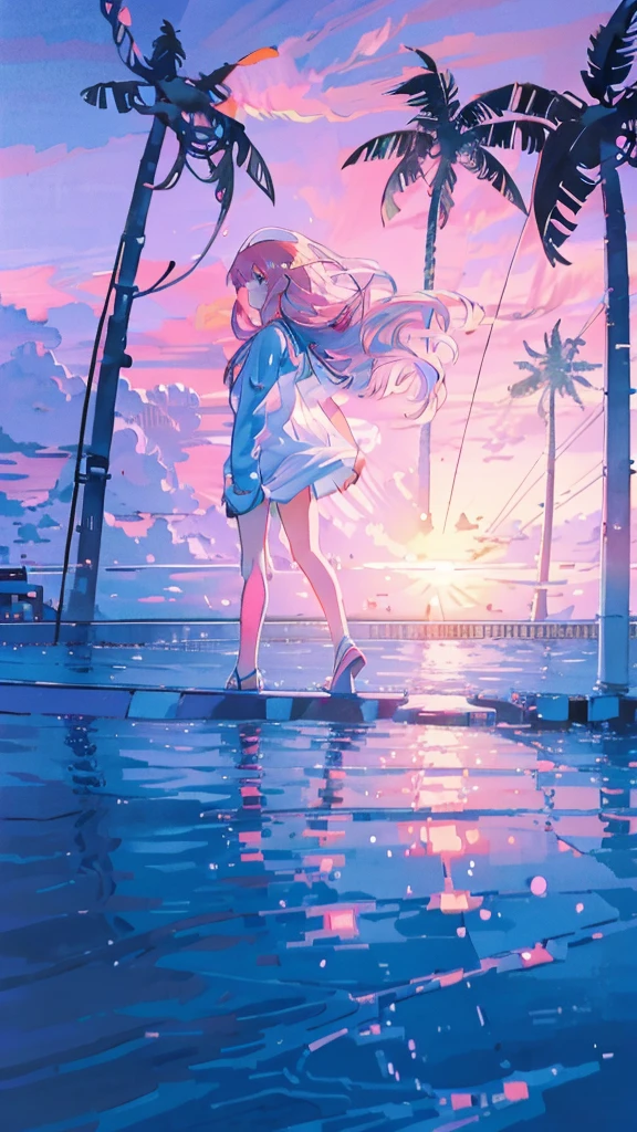 Seaside, Pink Sky, Palm tree, Blue Classic Car, Blue and pink neon,Lo-fi illustration, anime art wallpaper 4k, anime art wallpaper 4k,One Girl,Anime Style，Ocean，Oceanのビーチ，Coconut Tree，Seagull，Baiyun，A small island in the distance, Illustrator