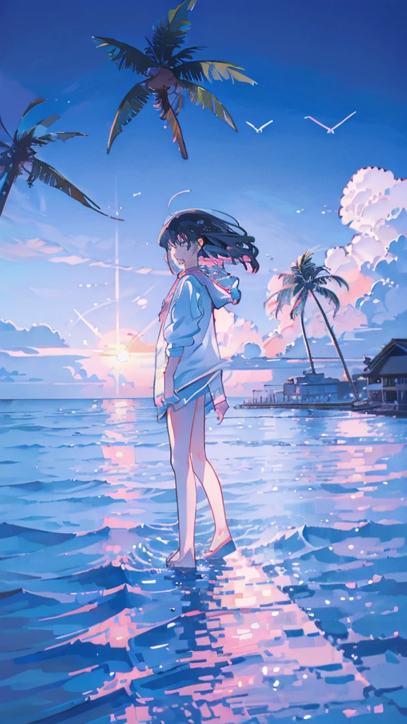 Seaside, Pink Sky, Palm tree, Blue Classic Car, Blue and pink neon,Lo-fi illustration, anime art wallpaper 4k, anime art wallpaper 4k,One Girl,Anime Style，Ocean，Oceanのビーチ，Coconut Tree，Seagull，Baiyun，A small island in the distance, Illustrator