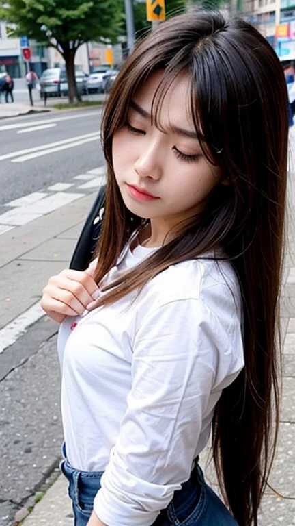 Long Hair Girl, Pee in public, I can't stand it anymore, Horny Face, Face enduring pain, close your eyes