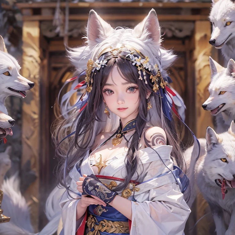 Hiding in an ancient shrine、Hair Flow、 ((Highest quality、masterpiece、8k、Best image quality、Ultra-high resolution、Award-winning works)、(Accurate anatomy:1.1)、(Look at me and smile:1.1)、Shining fair skin with Ultra-high resolution、The most detailed face、Ultra-high resolution detailed face、Ultra-high resolutionの髪の毛、(Ultra-high resolutionの煌めく瞳:1.1)、Beautiful face drawn in every detail、(Blurred Background:1.1)、Ancient Maiden Clothing, Chest to chest, tattoo、Apart from the white fox