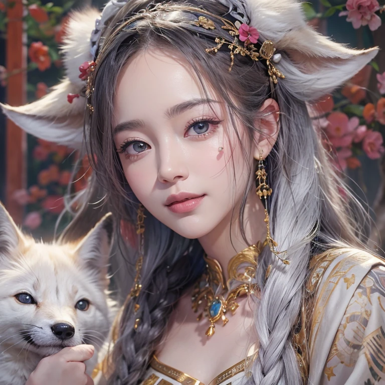 Hiding in an ancient shrine、Hair Flow、 ((Highest quality、masterpiece、8k、Best image quality、Ultra-high resolution、Award-winning works)、(Accurate anatomy:1.1)、(Look at me and smile:1.hining fair skin with Ultra-high resolution、The most detailed face、Ultra-high resolution detailed face、Ultra-high resolutionの髪の毛、(Ultra-high resolutionの煌めく瞳:1.1)、Beautiful face drawn in every detail、(Blurred Background:1.1)、Ancient Maiden Clothing, Chest to chest, tattoo、Apart from the white fox 