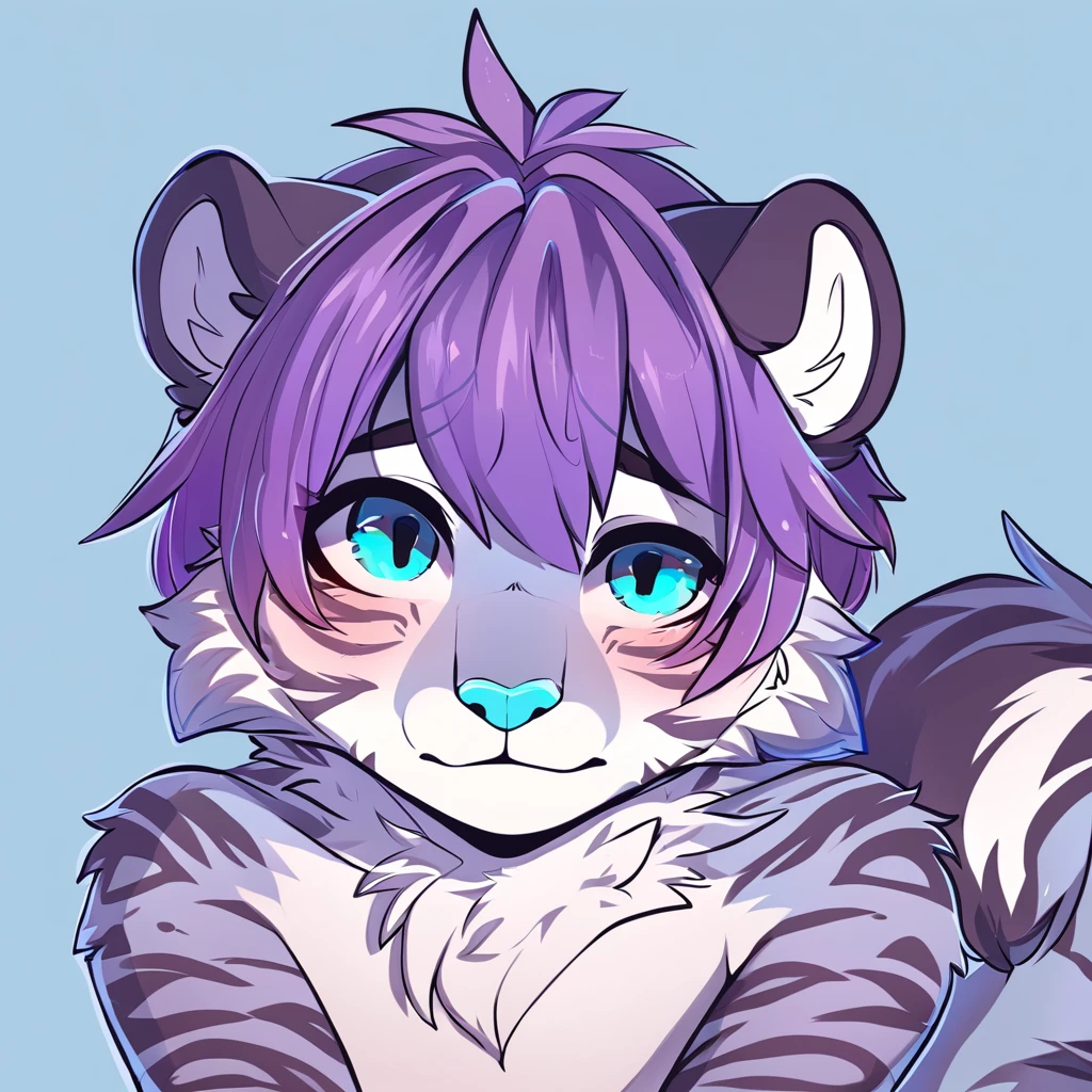 feline, mammal, anthro, anthromorphic, snow, leopard, striped_feline, fur, furred_anthro, femboy, male, bangs, ear_tufts, blue_nose, paws, hair_tuft, hair_between_eyes, long_tail, fluffy, feline_ears, expressive_eyes, purple_hair, light looking_at_viewer, blue_fur, shy, small_pupils, spotted_pattern, stripes, tiger_stripes, digital_art, high_resolution, high_res, tealblue_background