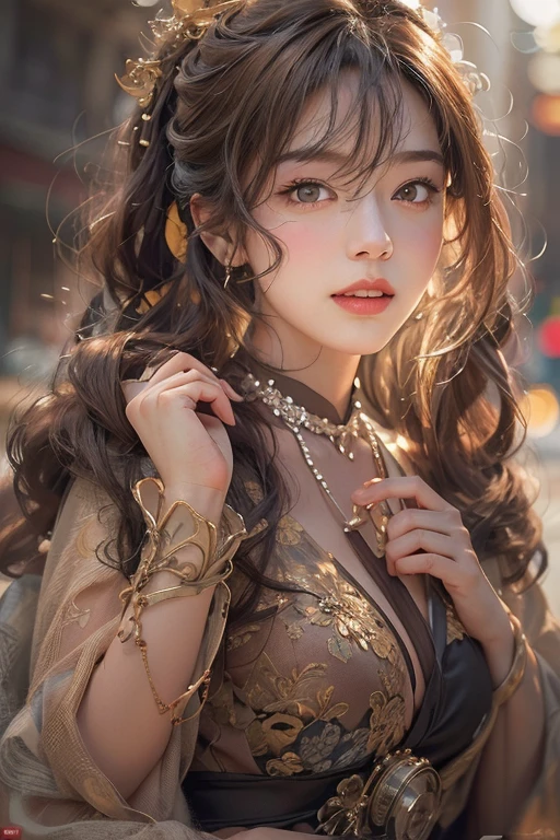 (masterpiece:1.3), (8k, Realistic, RAW Photos, Best image quality: 1.4), Japanese 、18-year-old,(Random Hairstyles:1.2)、Cleavage:1.2、Highly detailed face、Attention to detail、double eyelid、Chest to chest、Sharp focus:1.2、Beautiful woman:1.4、Light brown hair、Highest quality、masterpiece、Ultra-high resolution、(Realistic:1.4)、Highly detailed and professionally lit smiles、Loose fitting steampunk outfit、Shoulders out、thin、Serious expression、Holding a gorgeous necklace in her right hand, In the city、Eat dinner