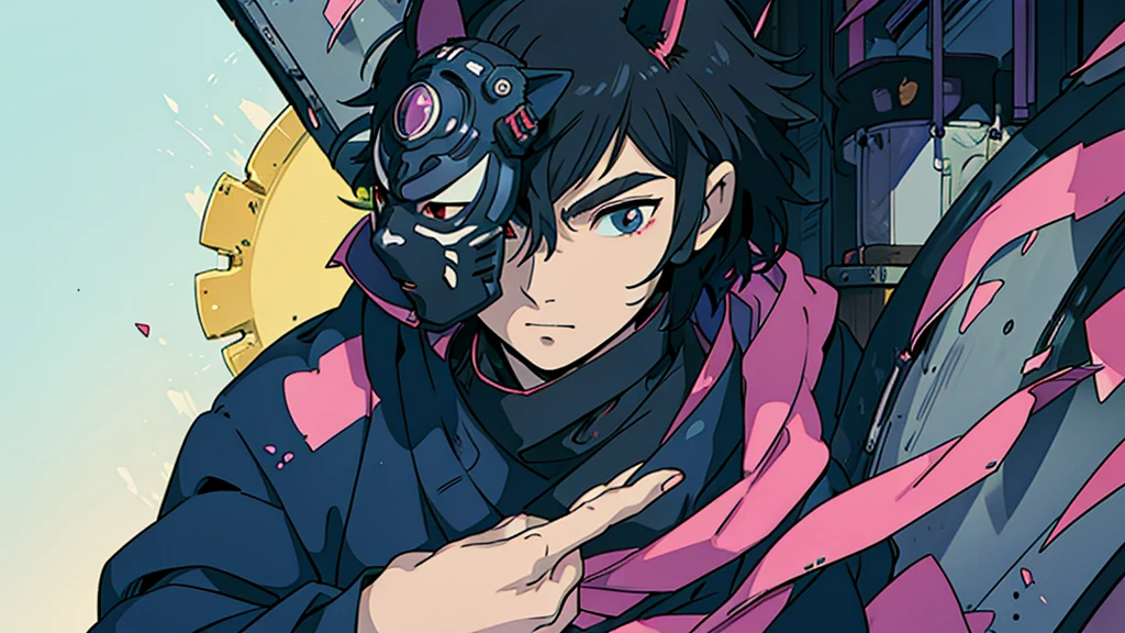 A black-haired man wearing a cat mask　Anime Style　Highest quality　Japanese　Delicate quality　Beautiful illustrations　High quality down to the last detail