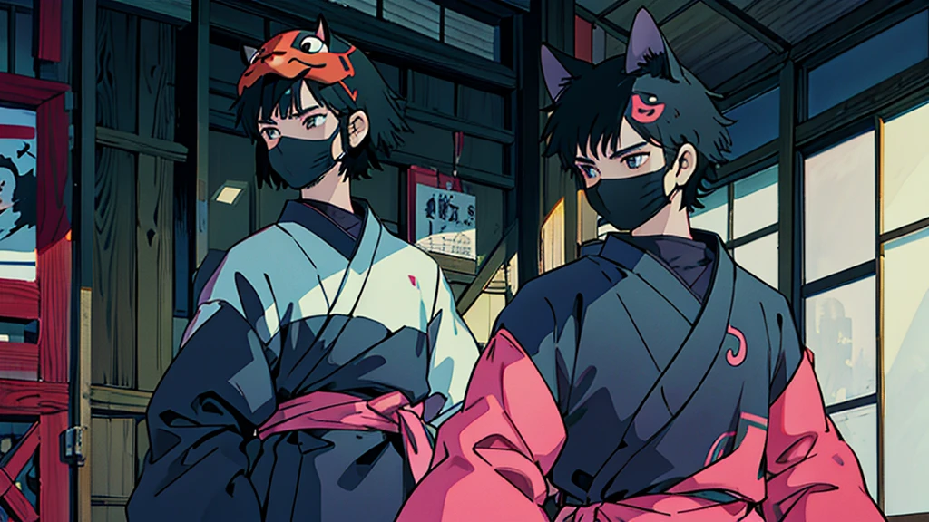 A black-haired man wearing a cat mask Anime Style Highest quality Japanese Delicate quality Beautiful illustrations High quality down to the last detail