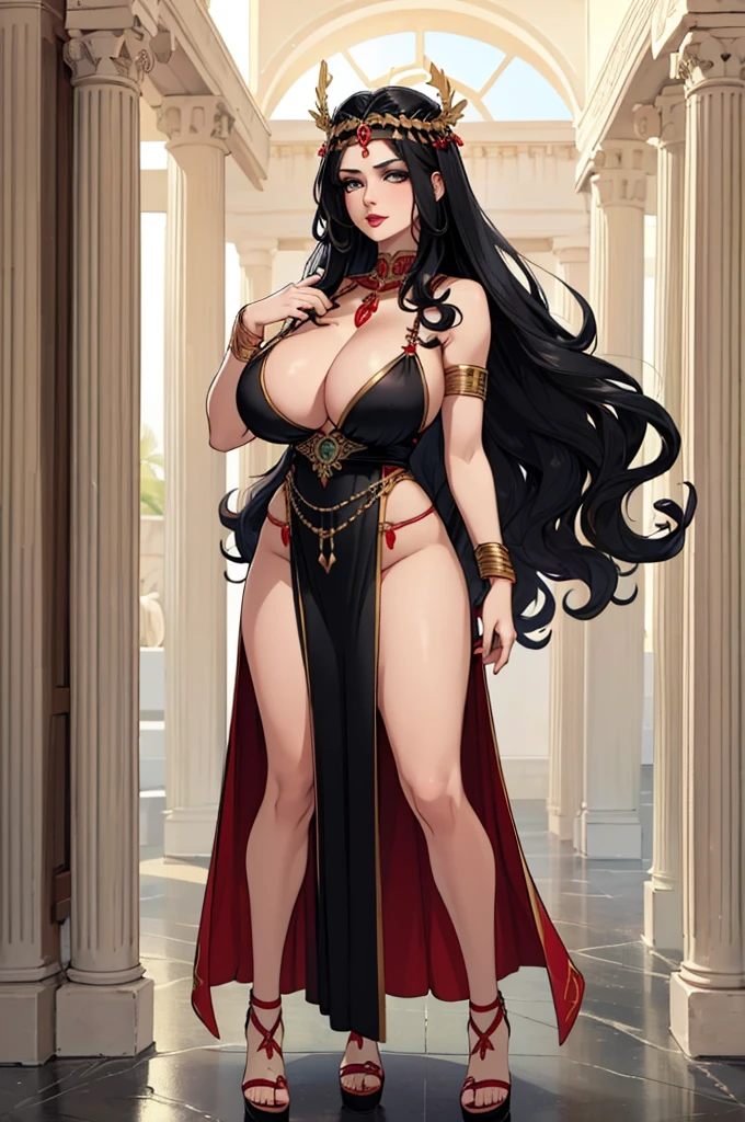 (masterpiece, best quality, high resolution, ((full body standing)), ((huge breasts))1 beautiful woman, mature woman, greek goddess "was" very long curly black hair, red lips, goddess clothing full body fantasy greek, fantasy greek jewelry, serious look, greek disa headdress
