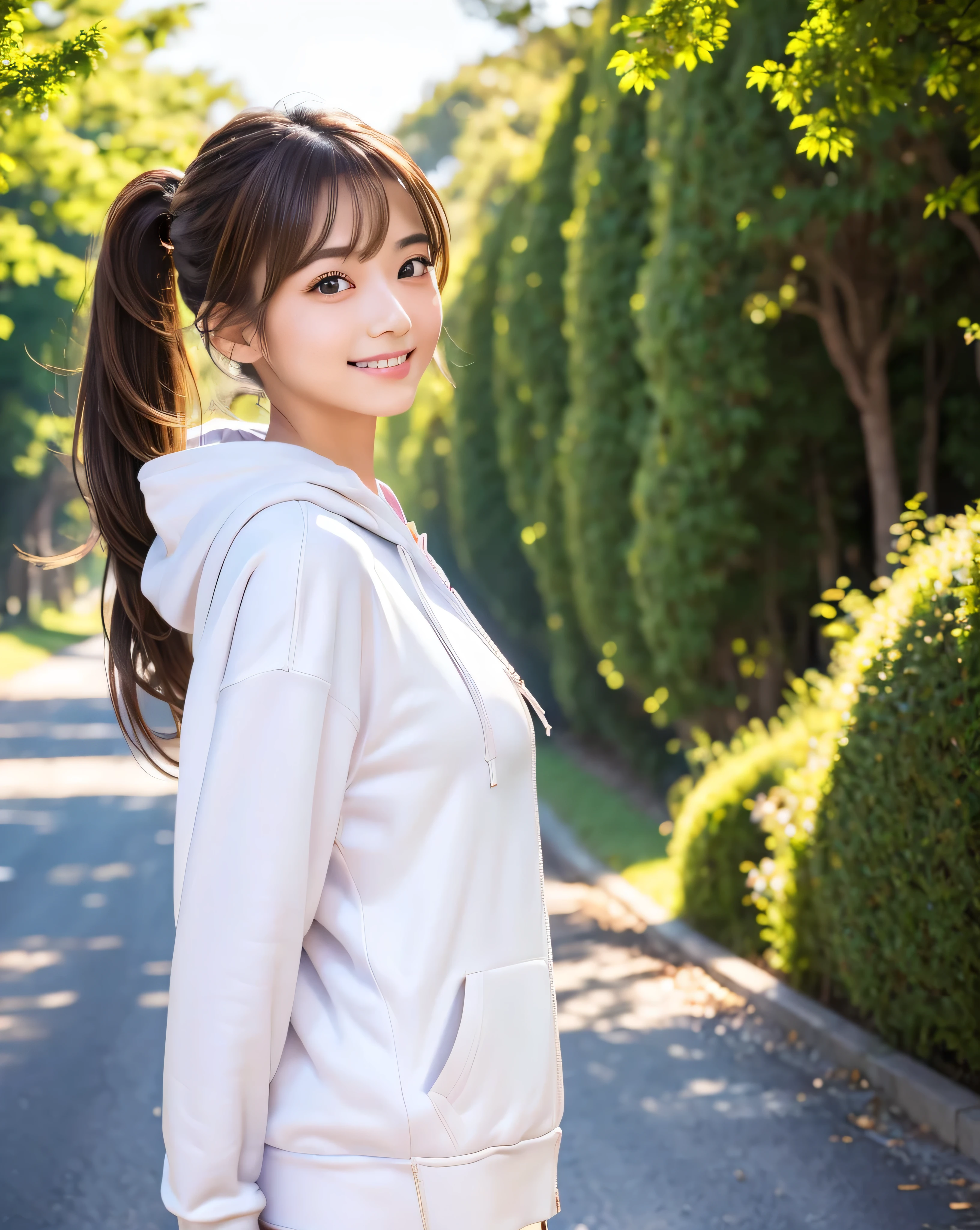 (Highest quality, 32k, High resolution, Masterpiece:1.5, ), marimo_jet, god々A photograph with brilliant dazzling and healing power., Evoking a sense of calm and elusive beauty, Expressing emotions, Have a rich imagination, (A narrow rural road stretching to the horizon), Nostalgic scenery of youth, Beautiful Japanese Girls, An exceptionally beautiful face, Small Face Beauty, Perfect Human ???????, Magical big eyes, Motherhood and generosity, Deep Love, fleeting smile, ((Shiny brown hair:1.1)), ((A beautiful ponytail swaying in the wind)), Asymmetrical bangs, Hair between the eyes, Transparent, soft white skin, Sharp eyebrows, Thin lashes, Natural Makeup, Cheek highlighter, Pale pink detailed lips, ((White zip hoodie:1.2)), Slim figure with ample breasts, High resolutionの美しい太もも, Beautifully detailed skies, Professional Lighting, Professional photographer, Professional models, God's Secret
