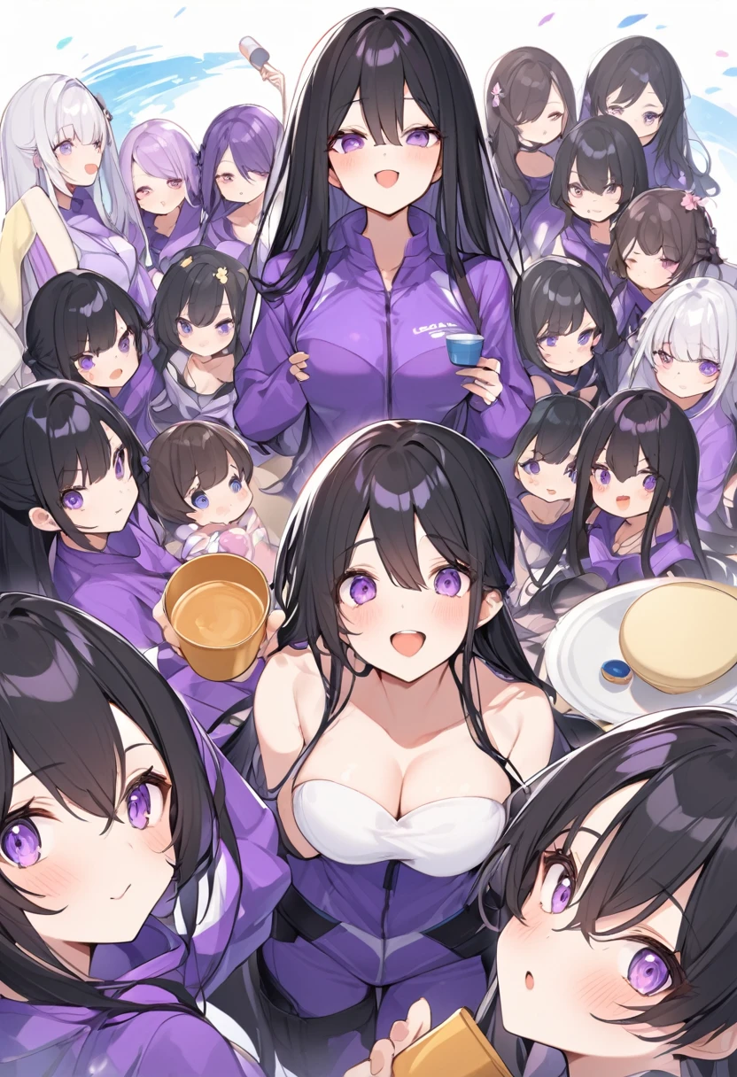 Wearing a purple diving suit、barefoot。hair is black、Purple eyes。Breasts are K cup。The skin is white and、Long hair。Has one brother and one sister。My sister has an E cup。All of them have black hair。6 siblings。It's like diving into the ocean and looking at the coral reefs and fish.。Like we're lined up on the beach with the beach housey brother is wearing a black diving suit.。I have one older brother.。