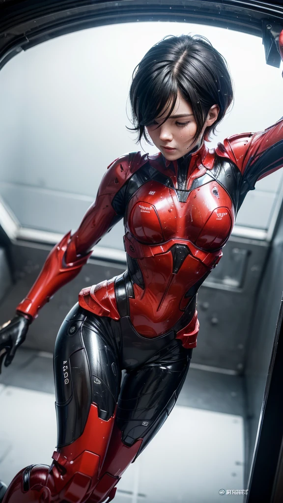 Highest quality 8k Red Suit Girl Middle-aged women Sweaty face cute short hair boyish Steam coming out of my head My hair is wet with sweat The feel of black hair Full body portrait My upper body is soaked I can see the vagina Lying in bed