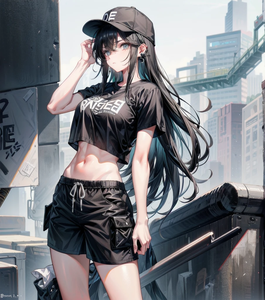 whole body, tearful mole, earring, medium hair, black hair, medium tits, Cropped t-shirt, sportswear, shorts,