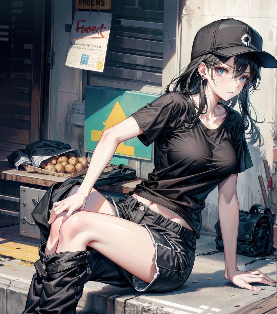 whole body, perfect anatomy, anatomically correct, beautiful girl, big tits, medium hair, black hair, tearful mole, earring, baseball cap, black T-shirt, cargo shorts,