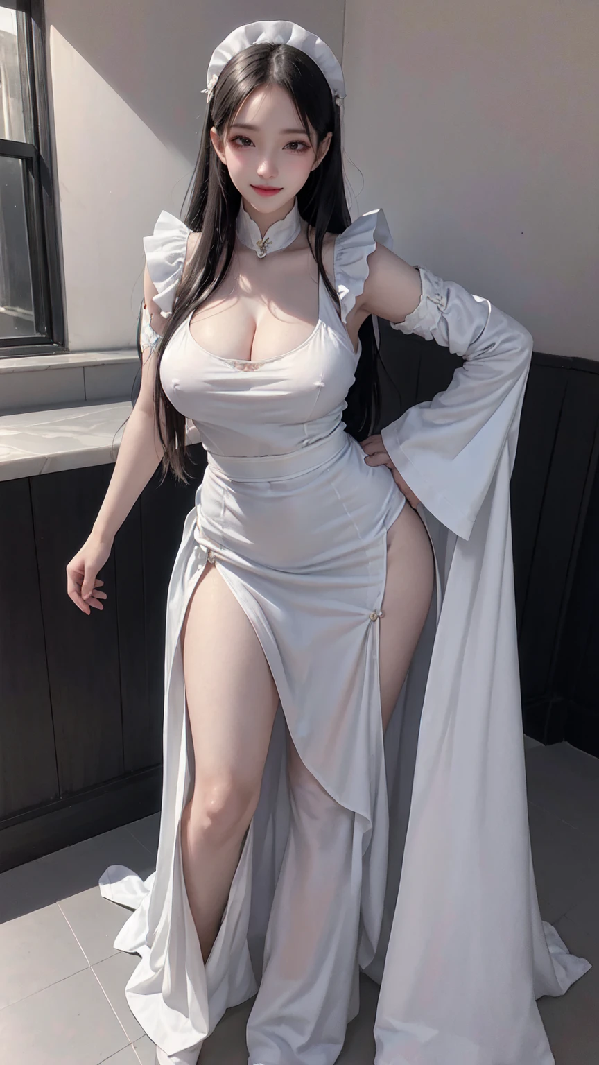 see through clothes(Full body female love:1.3),best quality, masterpiece, ultra high resolution, (lifelike:1.4), original photo, 1 female,25 years old, black hair, big eyes, Detailed eyes and face,huge ,split,long legs,Belted robe open ,bare shoulder,no underwear:1.5,see through clothes,Hollow material white clothes,kitchen:1.3,Smileeeveless costume、((Maid clothes))、Extremely revealing clothingHuge breasts ann a thin bodntroducing our 10-year-old daughterg uniforms