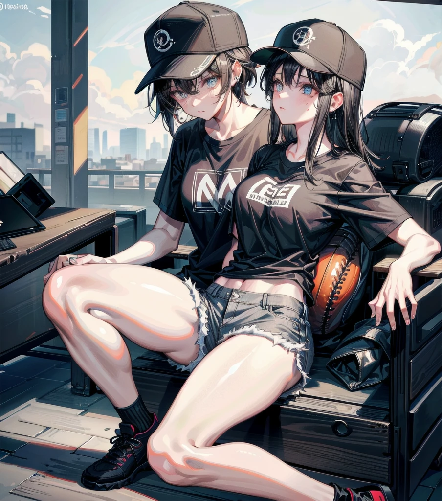 whole body, perfect anatomy, anatomically correct, beautiful girl, big tits, medium hair, black hair, tearful mole, earring, baseball cap, black T-shirt, cargo shorts,