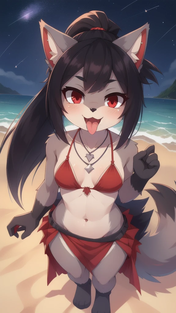 furry girl, wolf, black hair, punk hairstyle, large long spiky ponytail, absurdly long ponytail, anime style, small breasts, red eyes, eyeshadows, makeup, ((deep red bikini ruffled triangle, high cut bottom, star necklace, beach sarong with shooting stars on hips)), high quality, detailed body, detailed eyes, detailed face, masterpiece, glistening body, detailed body fur, best quality, two tone body, gray fur, clear gray fur, perfect lighting, perfect shadows, perfect eyes, perfect hair, perfect face, gorgeous body, skinny, solo, (wink, one eye close), full body, feets with three toes, 3 toes, solo, tongue, fellatio gesture, tongue out, ok sign, navel, open mouth, midriff, looking at viewer, looking up, from above, standing, 