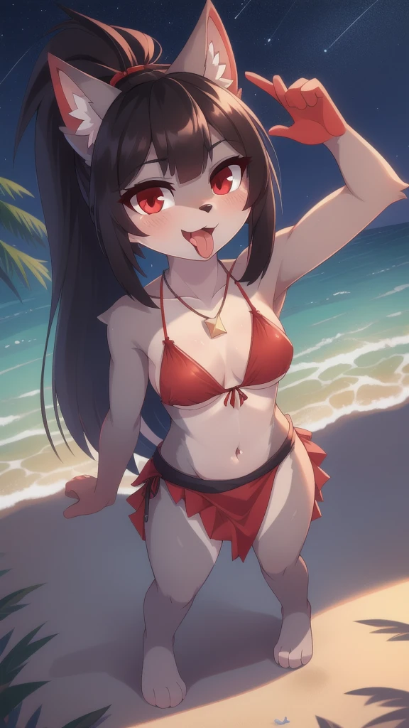 furry girl, wolf, black hair, punk hairstyle, large long spiky ponytail, absurdly long ponytail, anime style, small breasts, red eyes, eyeshadows, makeup, ((deep red bikini ruffled triangle, high cut bottom, star necklace, beach sarong with shooting stars on hips)), high quality, detailed body, detailed eyes, detailed face, masterpiece, glistening body, detailed body fur, best quality, two tone body, gray fur, clear gray fur, perfect lighting, perfect shadows, perfect eyes, perfect hair, perfect face, gorgeous body, skinny, solo, (wink, one eye close), full body, feets with three toes, 3 toes, solo, tongue, fellatio gesture, tongue out, ok sign, navel, open mouth, midriff, looking at viewer, looking up, from above, standing,