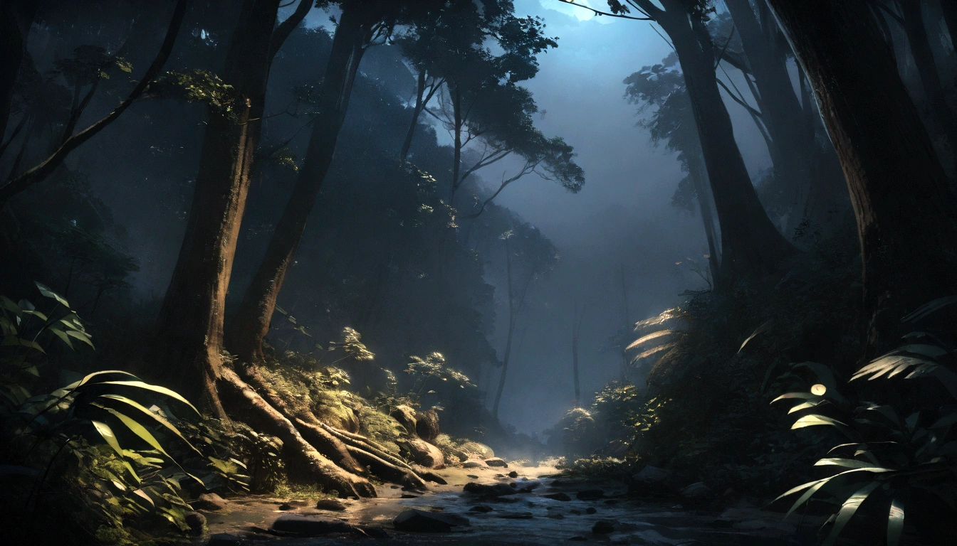 4k realistic brazilian forest, at night, no yellow light