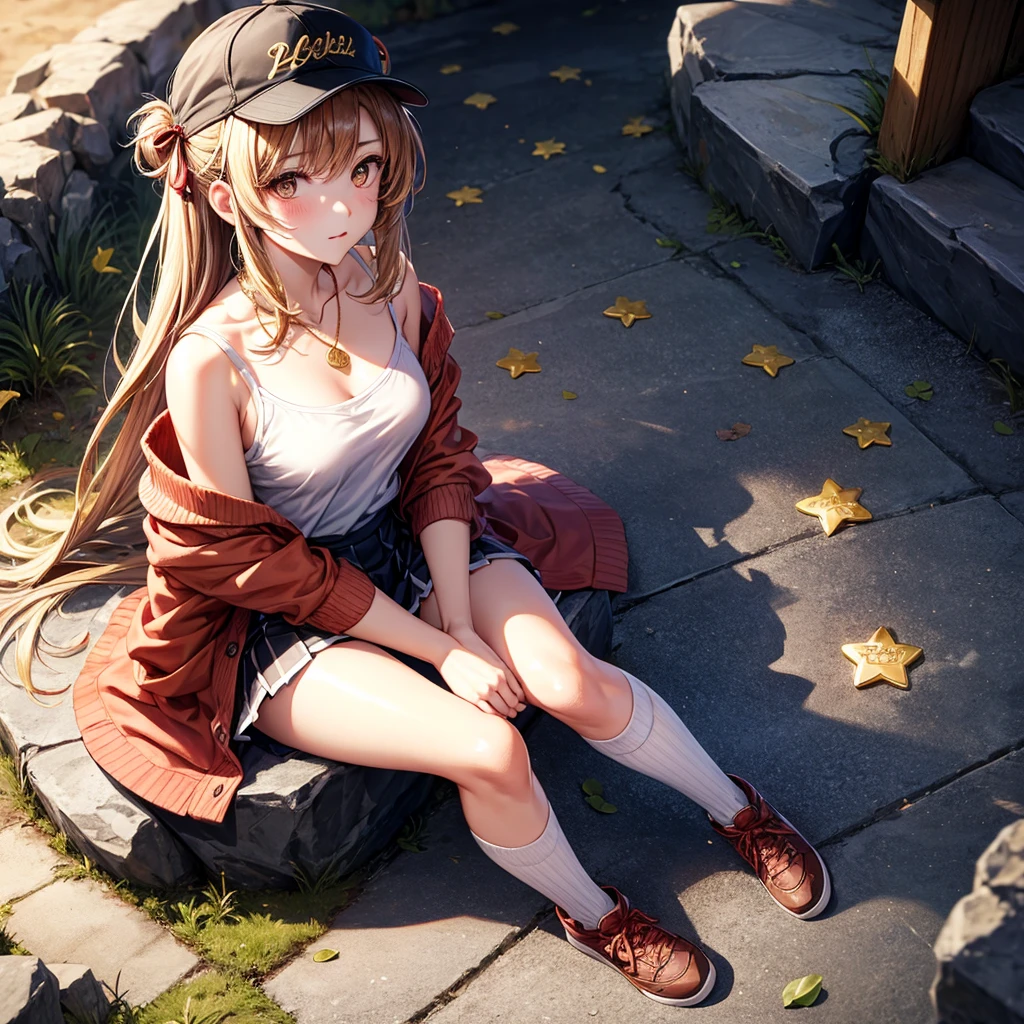 Red, brown, gold, gold hair、Golden Eyes、Hair tied up、One good looking girl、solo、anime、Checkered mini skirt、Ruffles on the skirt、camisole、camisole、Lightweight cardigan、Black knee-high socks、Wearing a baseball cap、Wearing a ribbon、Ribbon on waist、Teeth are visible、Sunset sky、Cumulonimbus、Silver coin necklace、shine、From above、Sparks are flying、cave、Cobblestones、sitting on a stone
